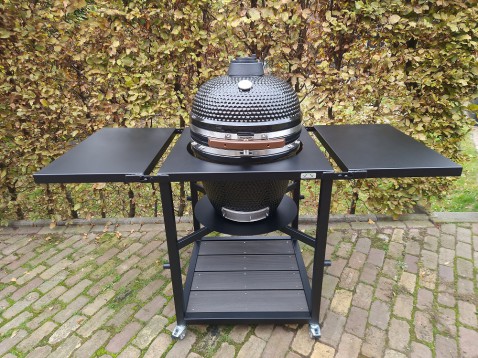 Foto : Kamado bbq 21 inch met stalen tafel op wielen, zwart of grijs gecoat. Complete set, kant en klaar!