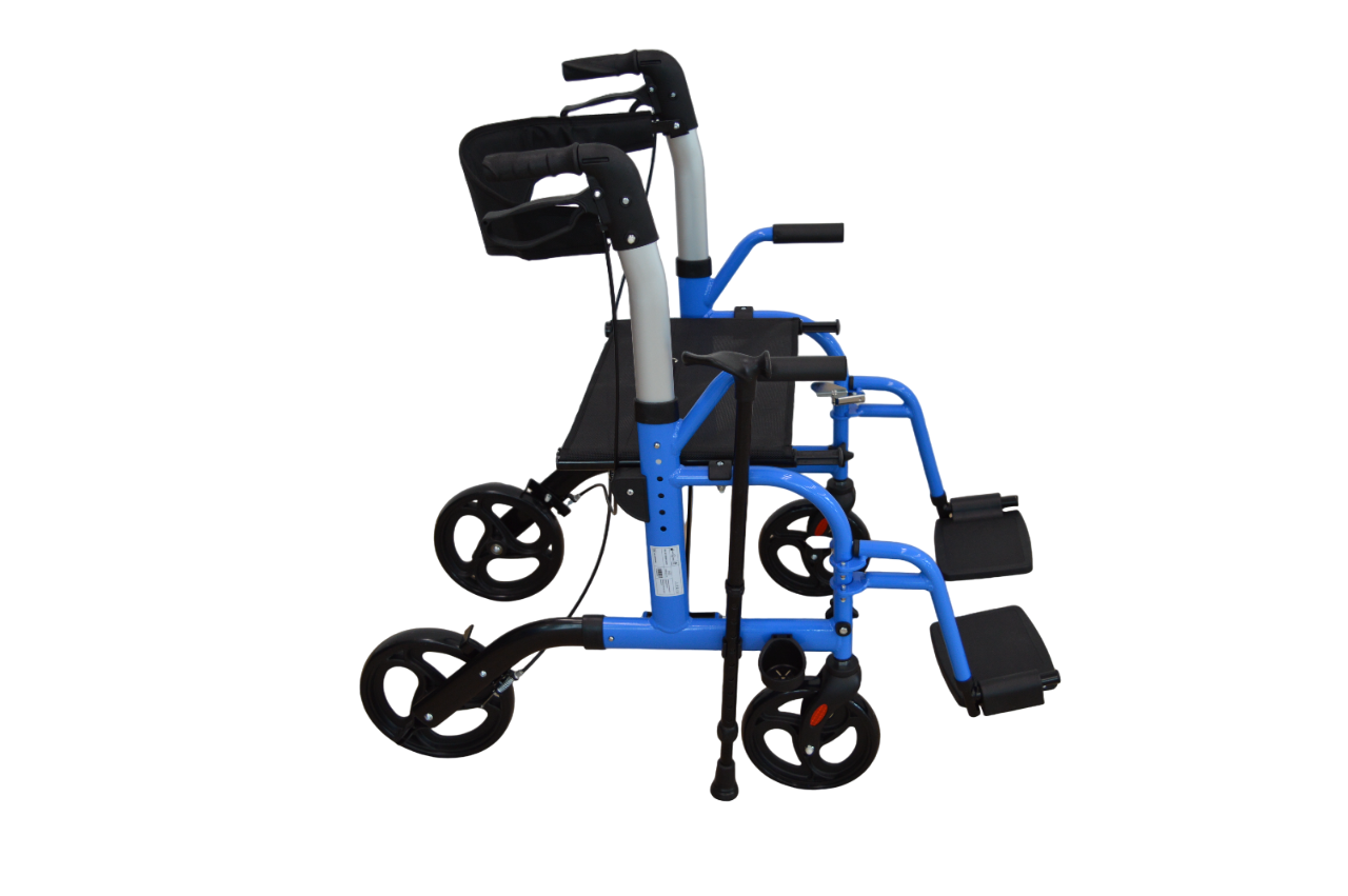 Foto : Homecare Rollator en Transportrolstoel in 1 – Met Zitting en Voetsteunen – Blauw