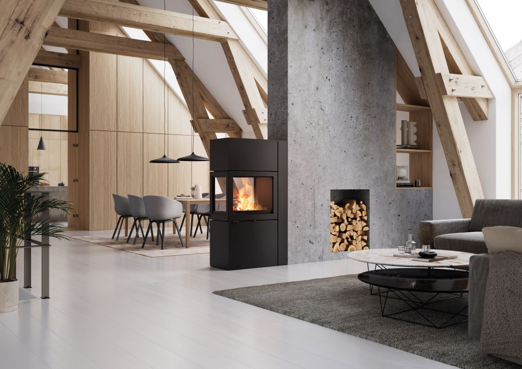 Foto: Wonennl Attika 600 rd raumteiler holz kamin deckplatte inliegend wohnraum sofa design lounge