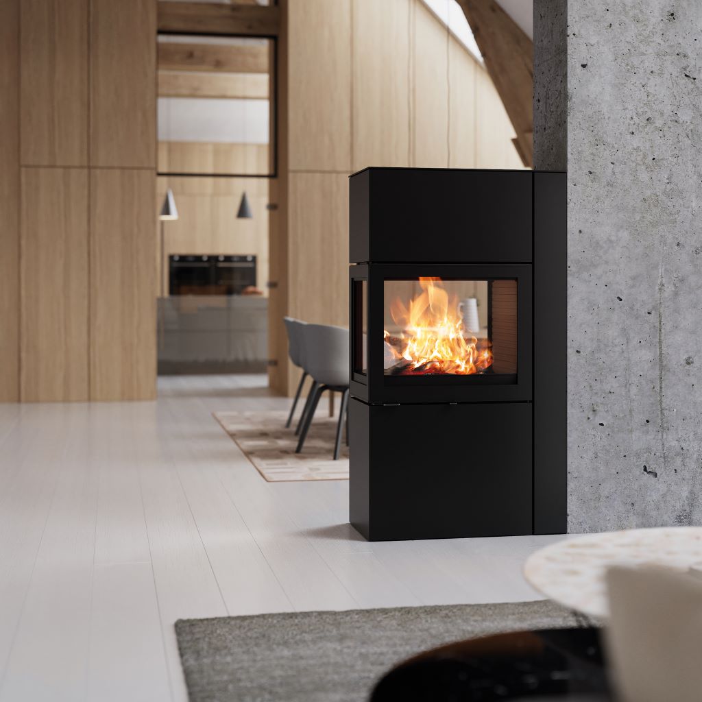 Foto: Wonennl Attika 600 rd raumteiler holz kamin detail lounge kuche betonwand design